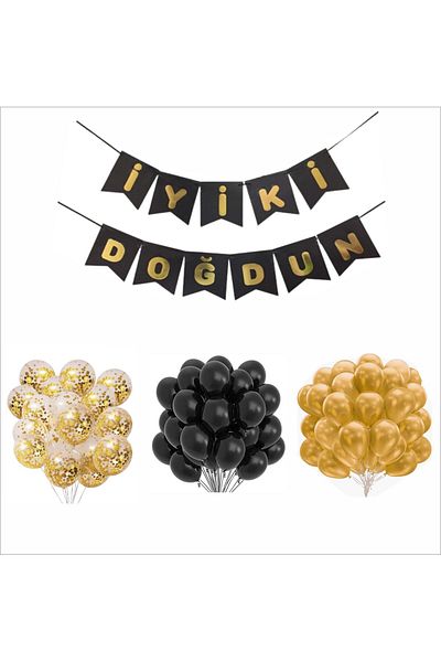 ZENVİVA Black-Gold-Transparent Balloon+Banner Set