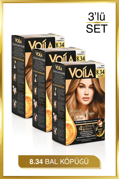 Voila Kadın 3lü Paket Keratin Kalıcı Bal Köpüğü 8.34 Saç Boyası
