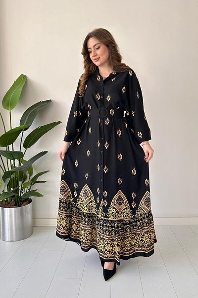 MaziButik Black Eten Patterned Belted Dress