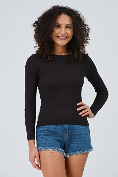 PUNKY CAT Women's Black Full Length Long Sleeve Crew Neck Ribbed T-Shirt Blouse