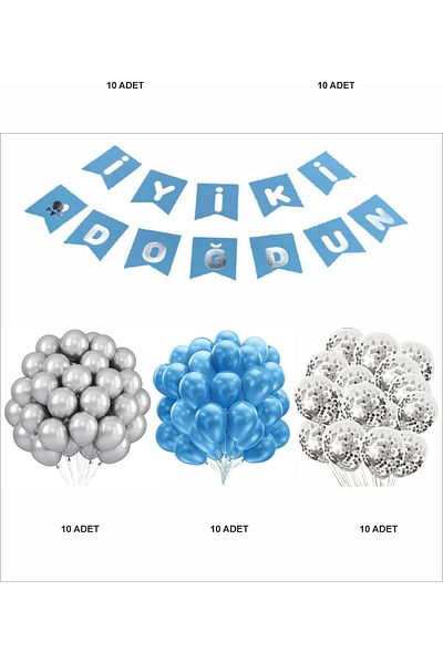 ZENVİVA Blue-Silver-Transparent Balloon+Banner Set