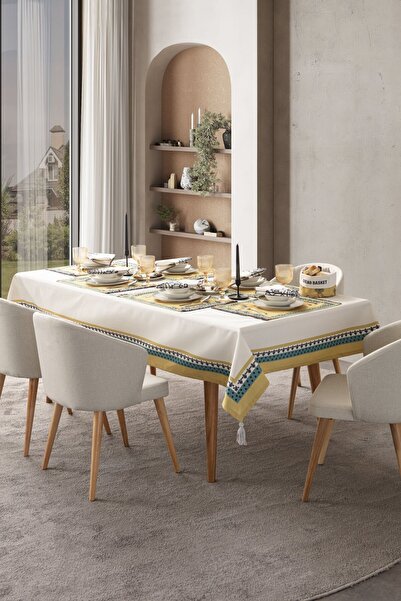 dekomall home & living Püskül Detay Pamuk-Keten Masa Örtüsü 150x250 Cm Krem-Hardal