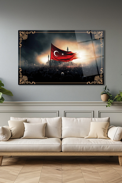 home dekors Türk Bayrağı ve Cami Yatay Cam Tablo, Dini İslami Modern Duvar De...