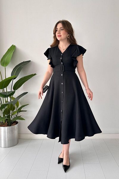MaziButik Cămașă - Rochie neagră cu volan