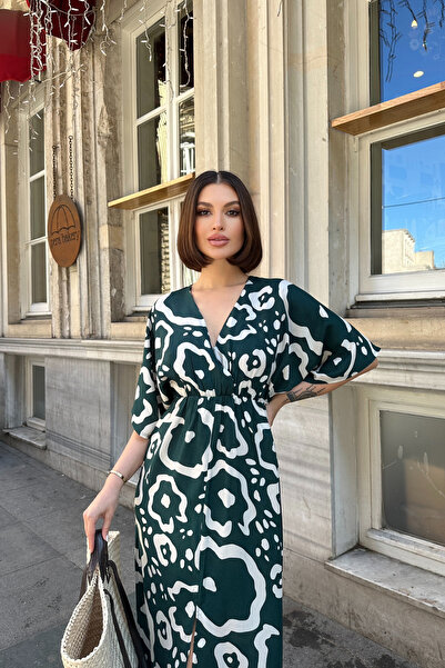 Mezka فستان صيفي أخضر وأبيض بأكمام خفاش وخصر مطاطي وفتحة أمامية متوسطة الطول وياقة مزدوجة الصدر