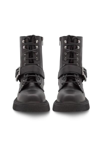 Vario Hakiki Deri Bağcıklı Tokalı Fermuarlı Kadın Bot Sıyah (BLACK)