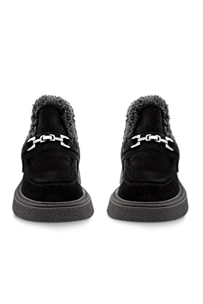 Vario Metal Tokalı Kürklü Kadın Bot Siyah Süet (BLACK SUEDE)