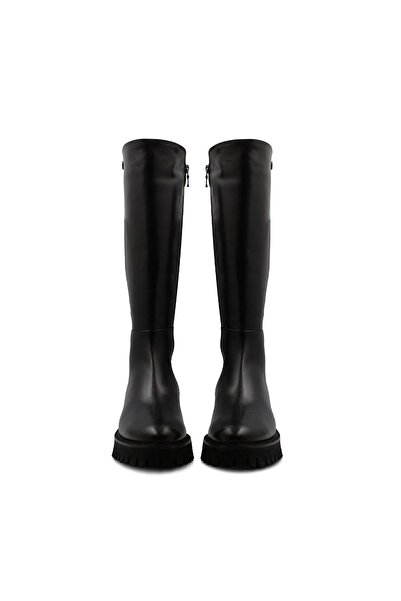 Vario Hakiki Deri Kalın Taban Diz Altı Kadın Çizme Sıyah Derı -sıyah Streç