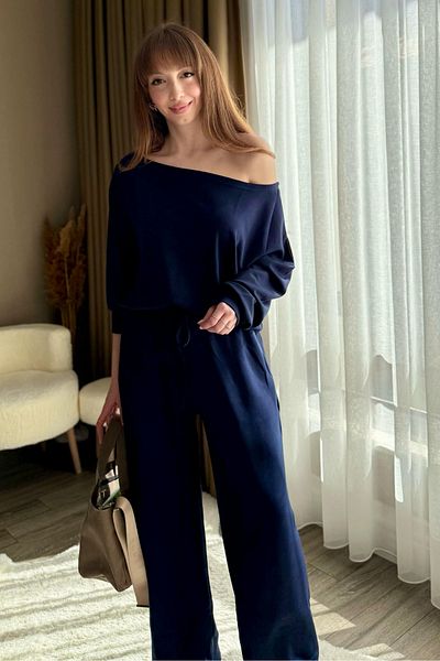 Dilay Gökoğlu Butik Navy Blue Off-Shoulder Modal Tracksuit Set