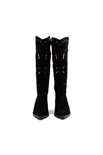 Vario Hakiki Süet Desenli Topuklu Western Kadın Çizme Siyah Süet (BLACK SUEDE)