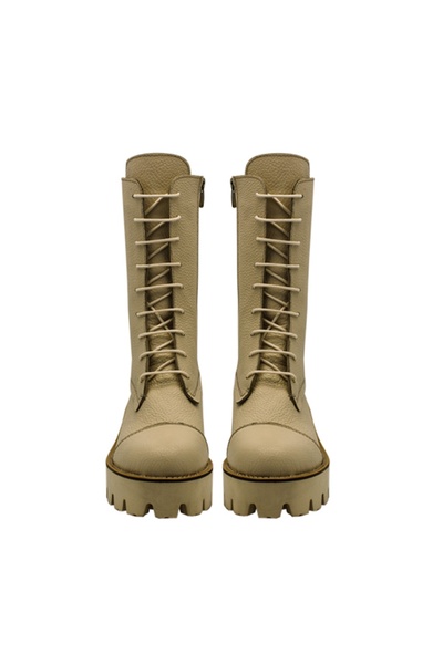 Vario Hakiki Deri Kalın Taban Bağcıklı Uzun Kadın Bot Bej Bot