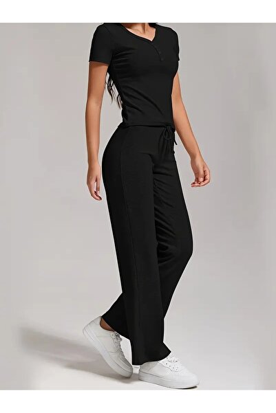 CAONNES Pantaloni de trening negri pentru femei, largi, de mărime mare, îmbră...