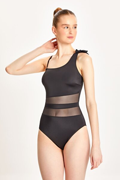 TOO SALTY SWIMWEAR KADIN SİYAH TEK OMUZ TÜLLÜ TOPARLAYICI MAYO 24S126ST