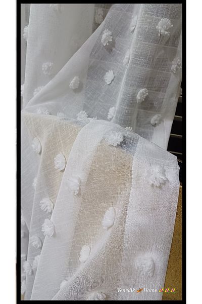 venedik home New Season Pompom Super Linen Tulle Curtain Plain (Foldless) Ekstrafor Gathered, Non-Wrinkle, No Ironing Required