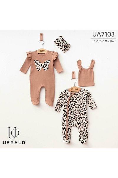 İnci Incibaby 100% Cotton Leopard Pattern 2 Rompers & Band & Hat 4-Piece Combination