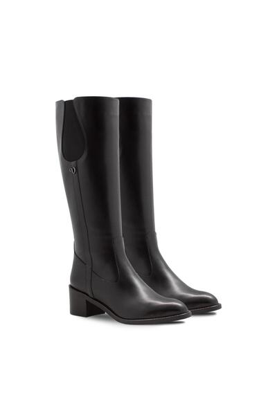 Vario Hakiki Deri Topuklu Diz Altı Kadın Çizme Analın Sıyah C17