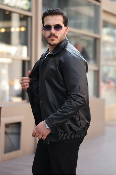 gm giyimarket Streetwear Μαύρο Oversize Casual Cut Waist Elastic Δερμάτινο μπουφάν