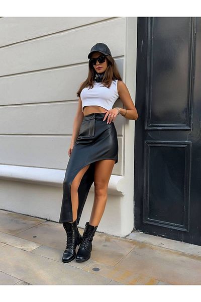 Kinzi Fusta midi asimetrică din piele neagră de damă Design elegant și modern