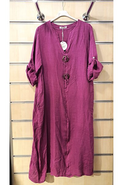 Park Moda Long Linen Dress with Big Button Detail