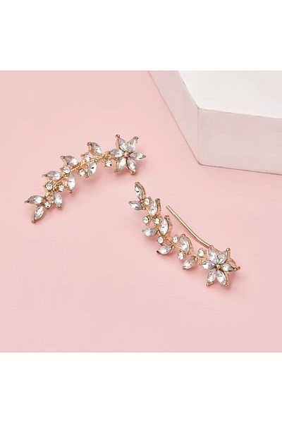 HDCreativeDesign 1 Pair Bohemian Crystal Leaf Earrings - Rose Flower Dangle & Studs Design, Gold-Tone