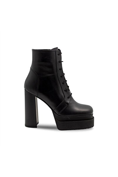 Vario Γνήσιες δερμάτινες γυναικείες μπότες με τακούνι με κορδόνια μαύρο (ΜΑΥΡΟ)