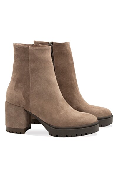 Vario Süet Kalın Topuklu Kadın Bot Vızon Suet