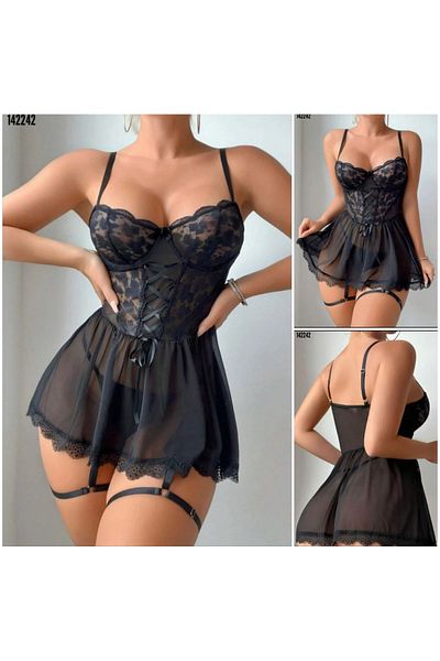 Peille Cămașă de noapte sexy cu sârmă neagră, cu dantelă, cu detaliu