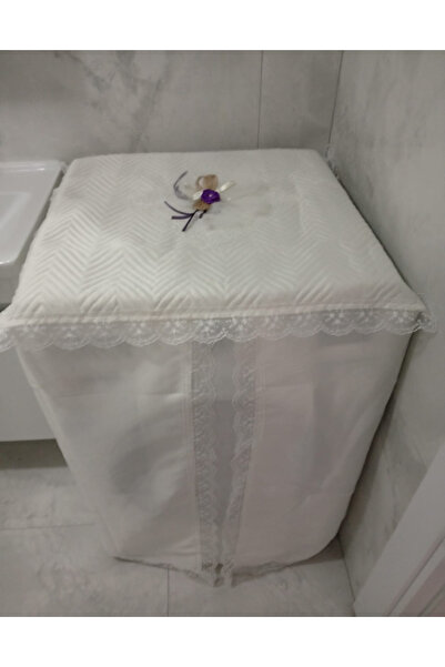 Butik Çamaşır Makinesi Örtüsü Mor Fiyonklu Güllü Kenar Güpürlü Linen Kumaş 68x80