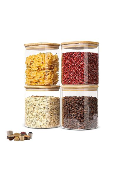 Altabi Glass Jar Set Bamboo Lid Airtight 4 Jar Set Small Size 650 ML