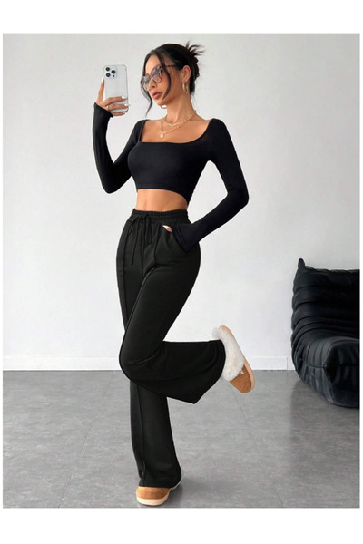 CAONNES Pantaloni de trening negri pentru femei, cu aplicații frontale, largi...