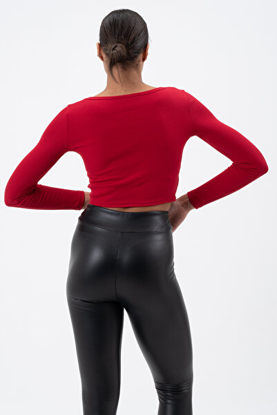 PUNKY CAT Women's Red Square Neck Long Sleeve Crop Blouse