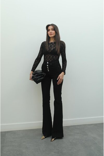 Havoş Fekete elülső gombos részletes spanyol Jean