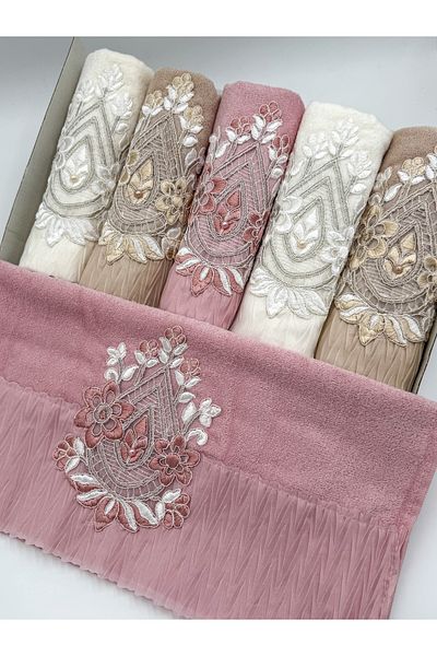 AYHANHOME Satin Embroidery Patterned Laced Boxed Luxury Dowry Holder 50X90 Set of 6 Hand Face Towels