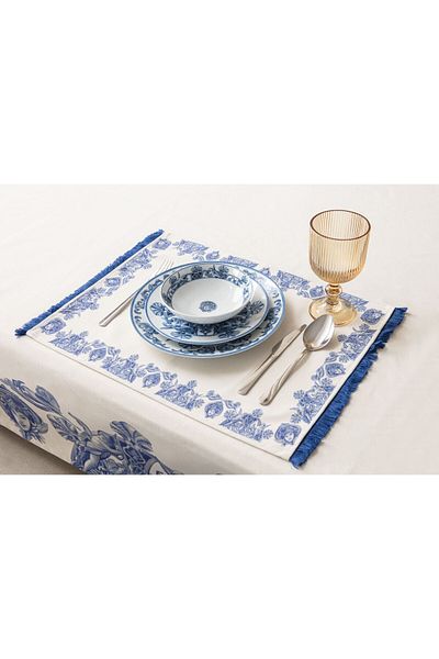 dekomall home & living Dekomall Λωρίδα Φούντα Λεπτομέρεια Βαμβακερό-Λινό Αμερικάνικο Σερβίρισμα Μπλε- 35x50 εκ.