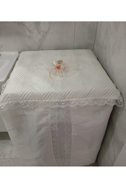 Butik Çamaşır Makinesi Örtüsü Yavruağzı Fiyonklu Güllü Kenar Güpürlü Linen Ku...