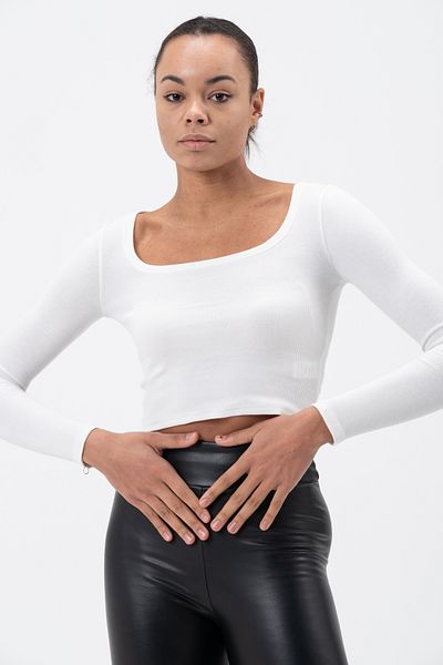 PUNKY CAT Women's White Square Neck Long Sleeve Crop Blouse