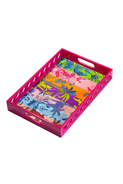 NOCCASA Pembe Ahşap Şık Desenli Dikdörtgen Tepsi