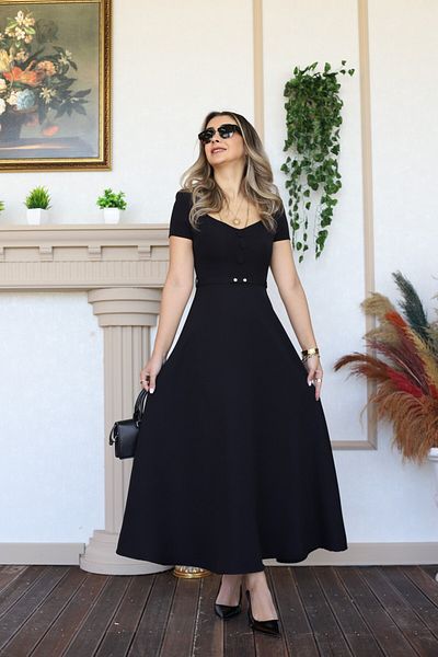 bytugcekaya Rochie neagră cu mânecă scurtă, cu detaliu cu rever, cu centură subțire