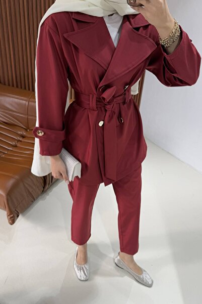 Melike Tatar Claret Red Trench Trousers Set 32-2237
