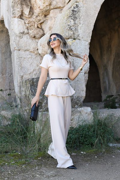 bytugcekaya Beige Thin Belted Short Sleeve Jumpsuit