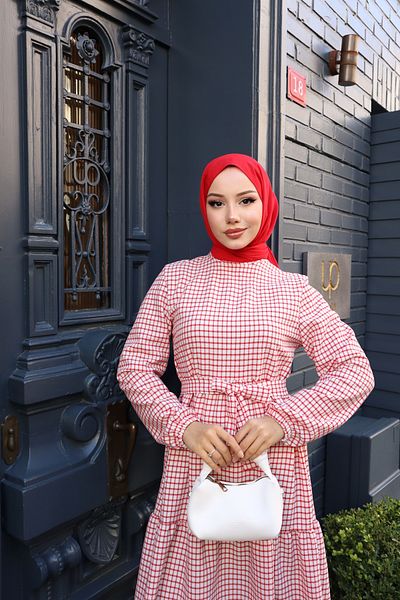 modessia Women Red Layered Belted Long Seersucker Fabric Hijab Dress 0401