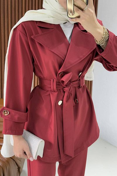 Melike Tatar Claret Red Trench Trousers Set 32-2237