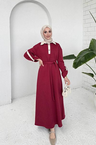 Melike Tatar Claret Red-Stone Three Yarn Dress 53-709