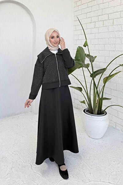 Melike Tatar Black Scuba Skirt Stone Suit 32-3411