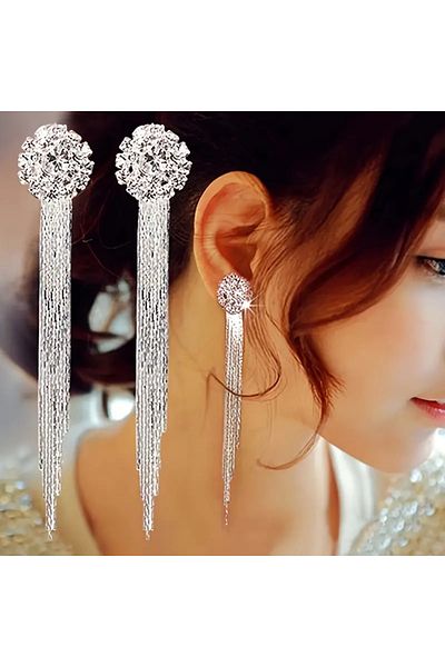 Eva Flore Silver Color 1 Pair Elegant Rhinestone Tassel Design - Dangle Earrings