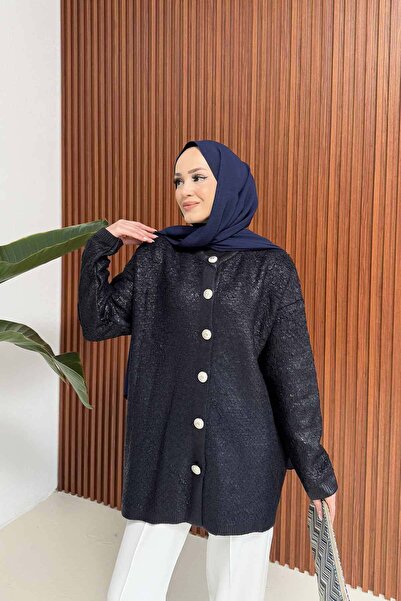 Melike Tatar LACİVERT Varaklı Düğmeli Hırka 32-7043