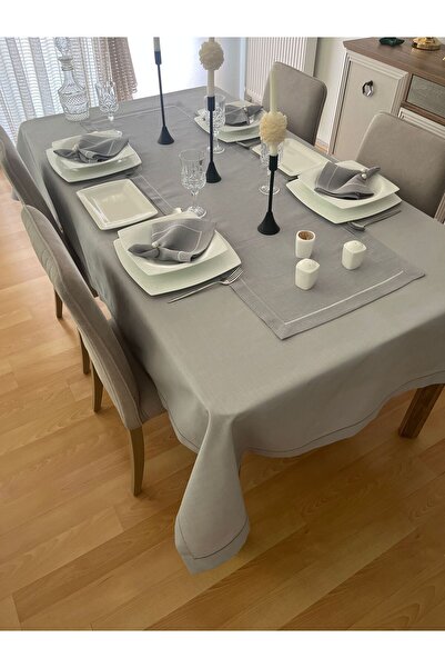Zeren Home Piko Sarma Detaylı Polyester Keten Dertsiz Masa Örtüsü Gri + 6 Peç...