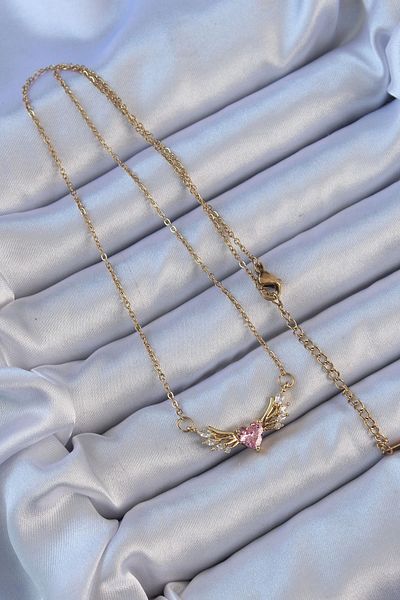 Store 316L Steel Chain Gold Color Winged Pink Zircon Stone Heart Necklace