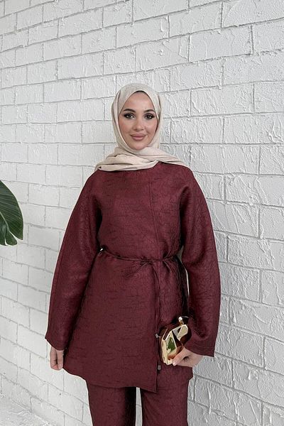 Melike Tatar Claret Red Jacquard Suit 32-2313