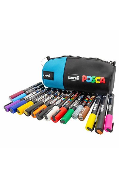 POSCA Penar Echipat Cu 16 Carioci, Cilindric, 1 Fermoar, Negru/albastru